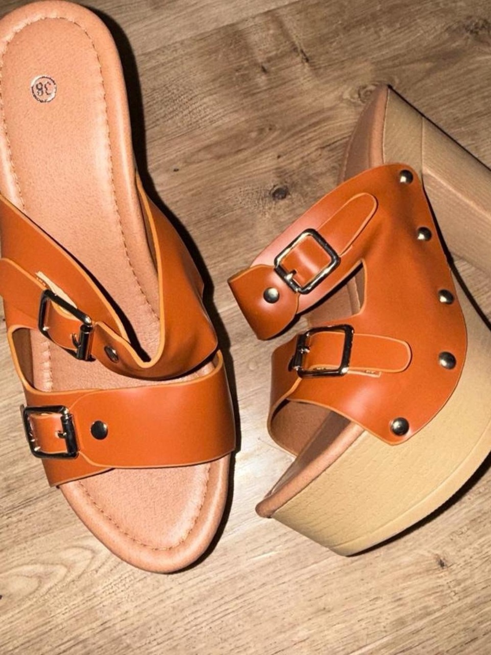 Tan and beige chunky heel shoes